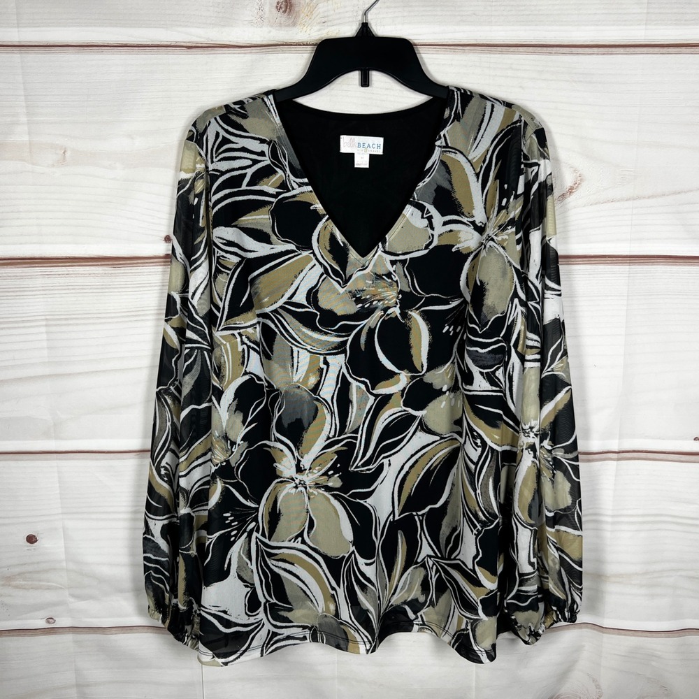 Belle Beach by Kim Gravel Top Womens M Black Floral TropiCool Knit Suncatcher